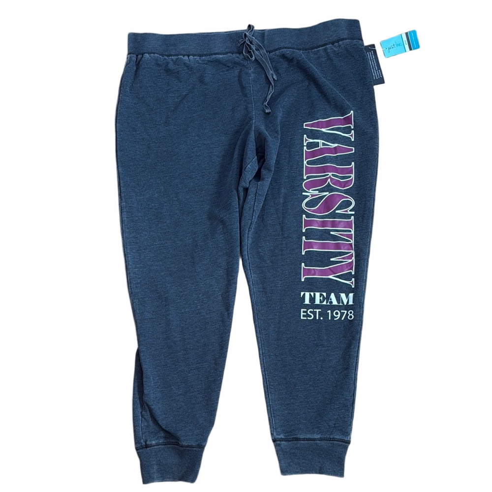 just be 1X Charcoal Gray Varsity Team Graphic Drawstring Jogger Pants NWT